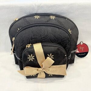 Living Things 3-Piece Cosmetic Makeup Travel Zippered Bags Black & Gold NWT